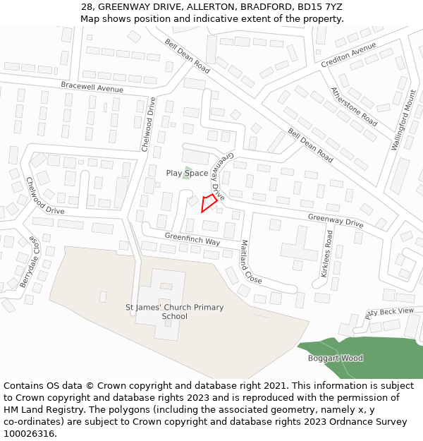 28, GREENWAY DRIVE, ALLERTON, BRADFORD, BD15 7YZ: Location map and indicative extent of plot
