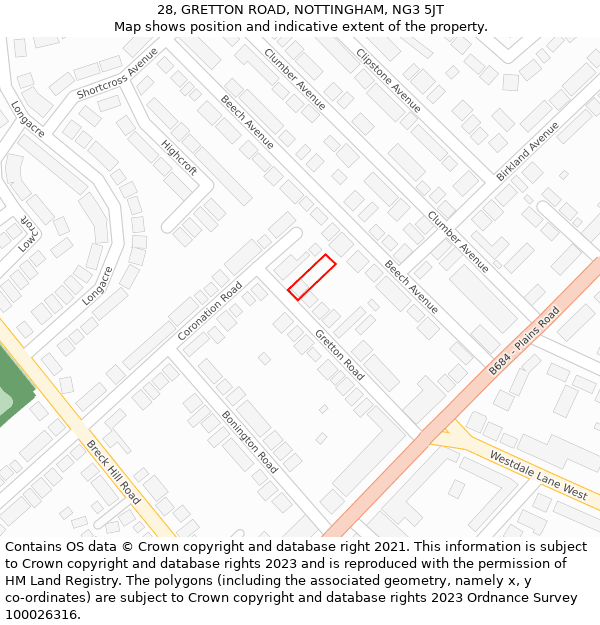 28, GRETTON ROAD, NOTTINGHAM, NG3 5JT: Location map and indicative extent of plot