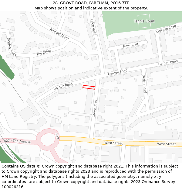 28, GROVE ROAD, FAREHAM, PO16 7TE: Location map and indicative extent of plot