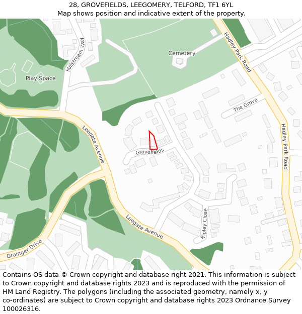 28, GROVEFIELDS, LEEGOMERY, TELFORD, TF1 6YL: Location map and indicative extent of plot