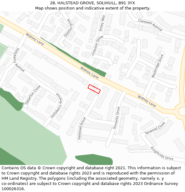 28, HALSTEAD GROVE, SOLIHULL, B91 3YX: Location map and indicative extent of plot