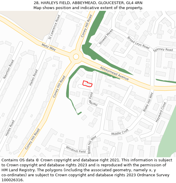 28, HARLEYS FIELD, ABBEYMEAD, GLOUCESTER, GL4 4RN: Location map and indicative extent of plot