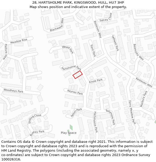 28, HARTSHOLME PARK, KINGSWOOD, HULL, HU7 3HP: Location map and indicative extent of plot
