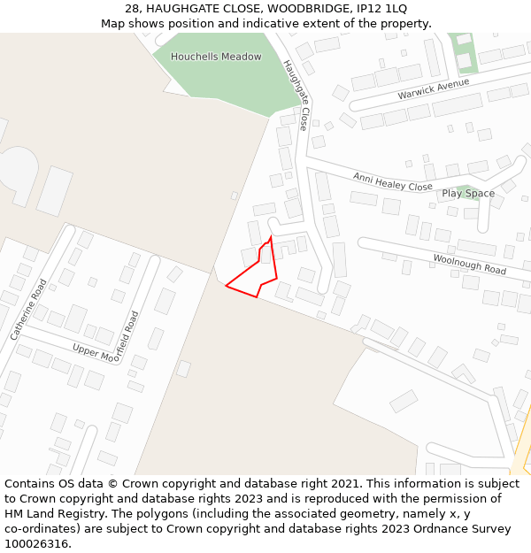 28, HAUGHGATE CLOSE, WOODBRIDGE, IP12 1LQ: Location map and indicative extent of plot