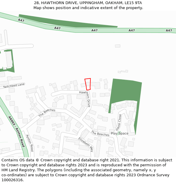 28, HAWTHORN DRIVE, UPPINGHAM, OAKHAM, LE15 9TA: Location map and indicative extent of plot