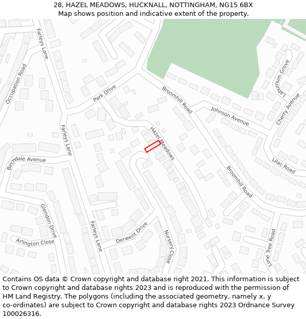 28, HAZEL MEADOWS, HUCKNALL, NOTTINGHAM, NG15 6BX: Location map and indicative extent of plot