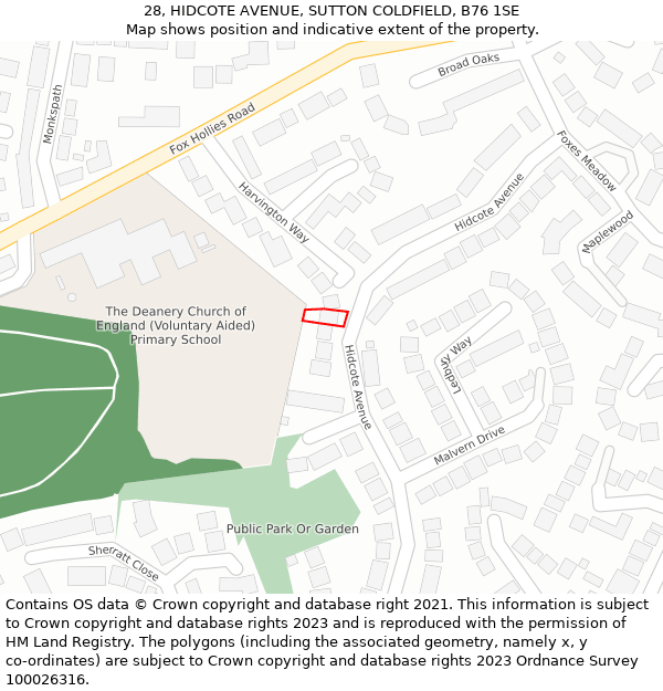 28, HIDCOTE AVENUE, SUTTON COLDFIELD, B76 1SE: Location map and indicative extent of plot