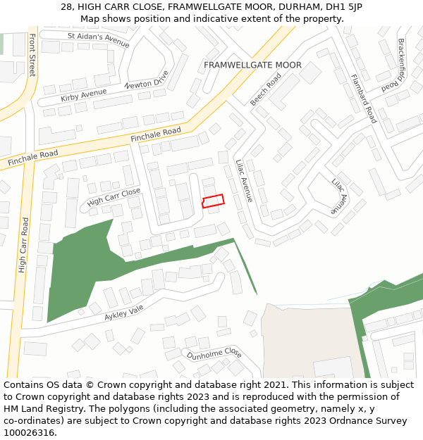 28, HIGH CARR CLOSE, FRAMWELLGATE MOOR, DURHAM, DH1 5JP: Location map and indicative extent of plot