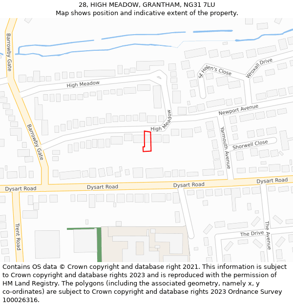 28, HIGH MEADOW, GRANTHAM, NG31 7LU: Location map and indicative extent of plot