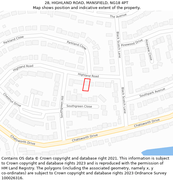 28, HIGHLAND ROAD, MANSFIELD, NG18 4PT: Location map and indicative extent of plot