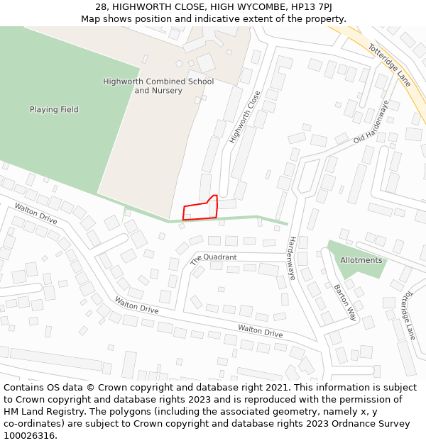 28, HIGHWORTH CLOSE, HIGH WYCOMBE, HP13 7PJ: Location map and indicative extent of plot