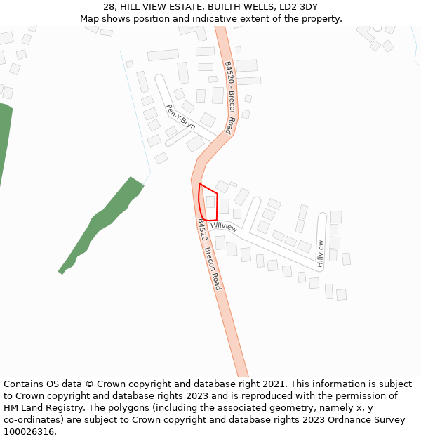 28, HILL VIEW ESTATE, BUILTH WELLS, LD2 3DY: Location map and indicative extent of plot