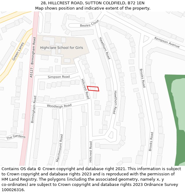 28, HILLCREST ROAD, SUTTON COLDFIELD, B72 1EN: Location map and indicative extent of plot