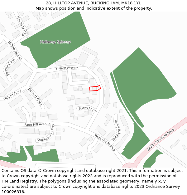 28, HILLTOP AVENUE, BUCKINGHAM, MK18 1YL: Location map and indicative extent of plot