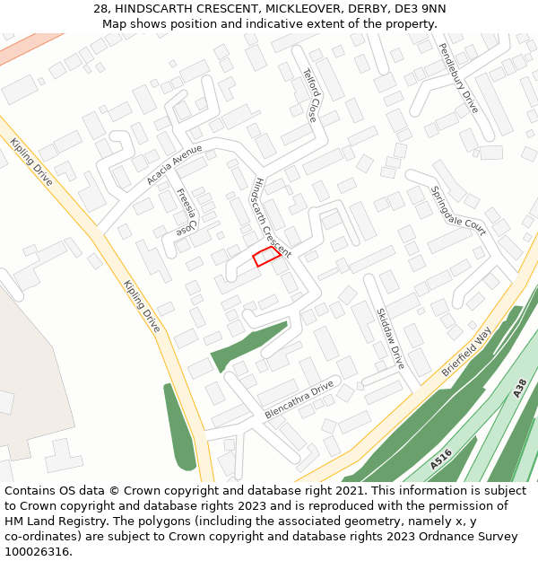 28, HINDSCARTH CRESCENT, MICKLEOVER, DERBY, DE3 9NN: Location map and indicative extent of plot