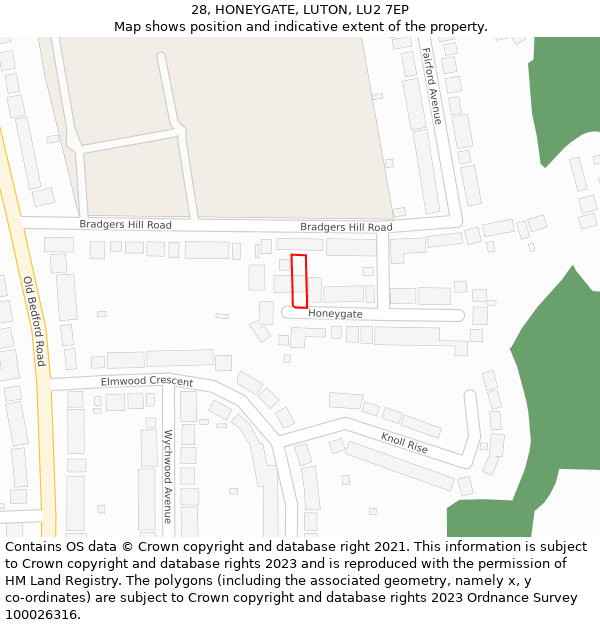 28, HONEYGATE, LUTON, LU2 7EP: Location map and indicative extent of plot