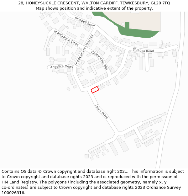 28, HONEYSUCKLE CRESCENT, WALTON CARDIFF, TEWKESBURY, GL20 7FQ: Location map and indicative extent of plot