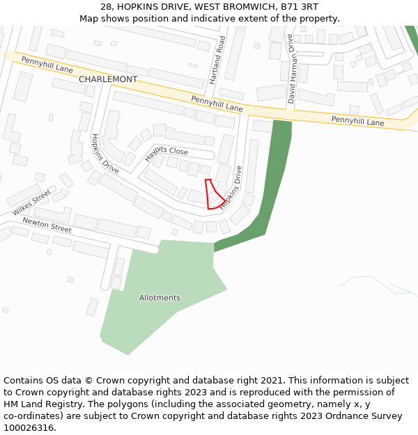 28, HOPKINS DRIVE, WEST BROMWICH, B71 3RT: Location map and indicative extent of plot