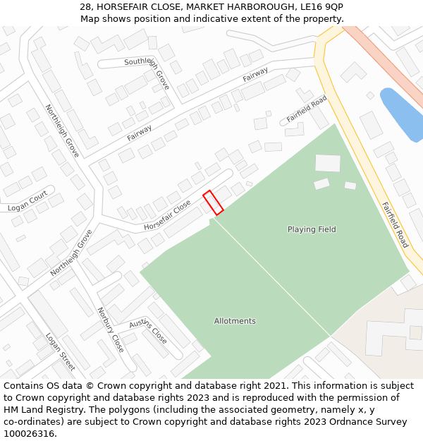 28, HORSEFAIR CLOSE, MARKET HARBOROUGH, LE16 9QP: Location map and indicative extent of plot