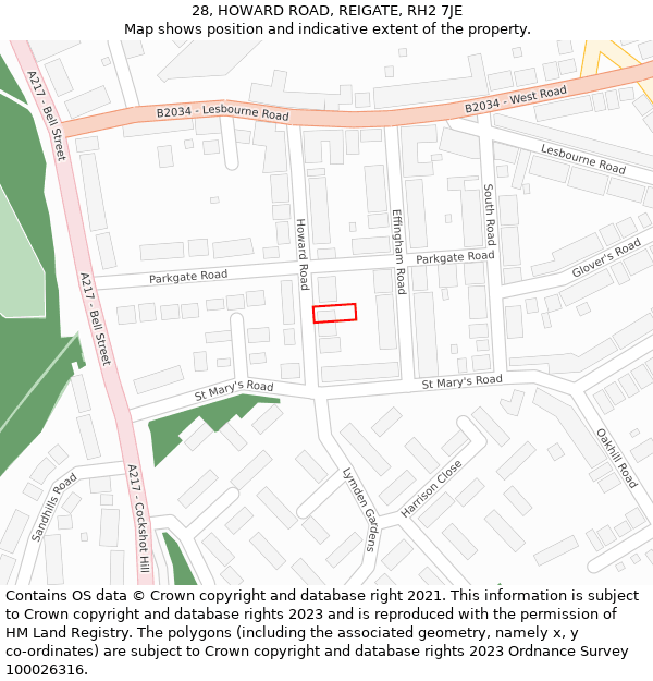 28, HOWARD ROAD, REIGATE, RH2 7JE: Location map and indicative extent of plot