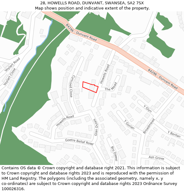 28, HOWELLS ROAD, DUNVANT, SWANSEA, SA2 7SX: Location map and indicative extent of plot