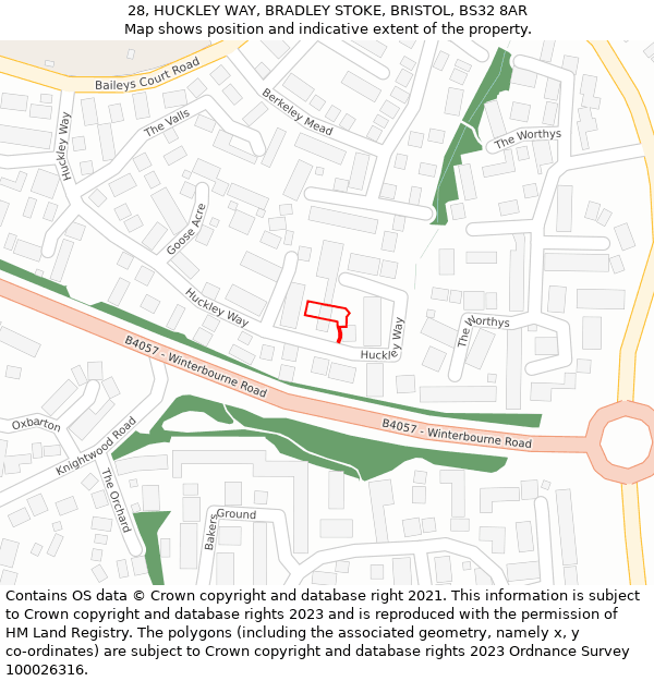 28, HUCKLEY WAY, BRADLEY STOKE, BRISTOL, BS32 8AR: Location map and indicative extent of plot