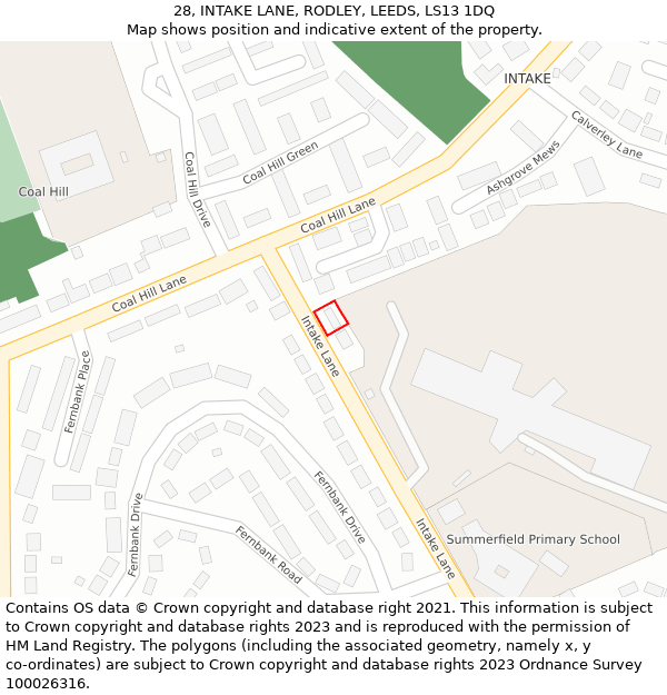 28, INTAKE LANE, RODLEY, LEEDS, LS13 1DQ: Location map and indicative extent of plot