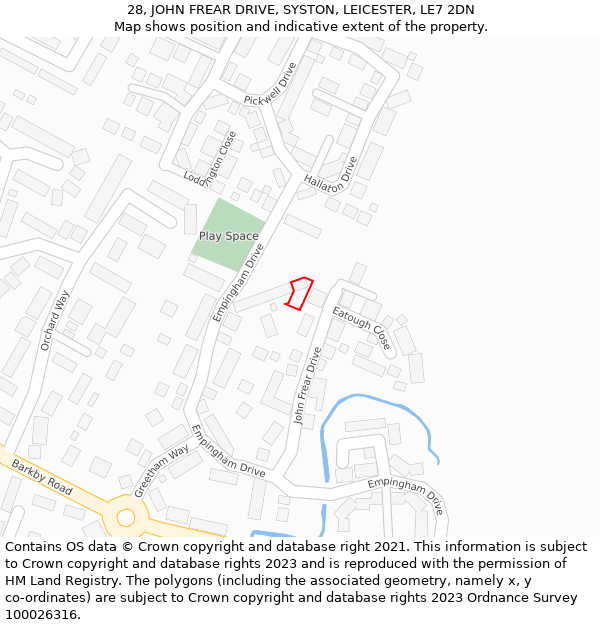 28, JOHN FREAR DRIVE, SYSTON, LEICESTER, LE7 2DN: Location map and indicative extent of plot