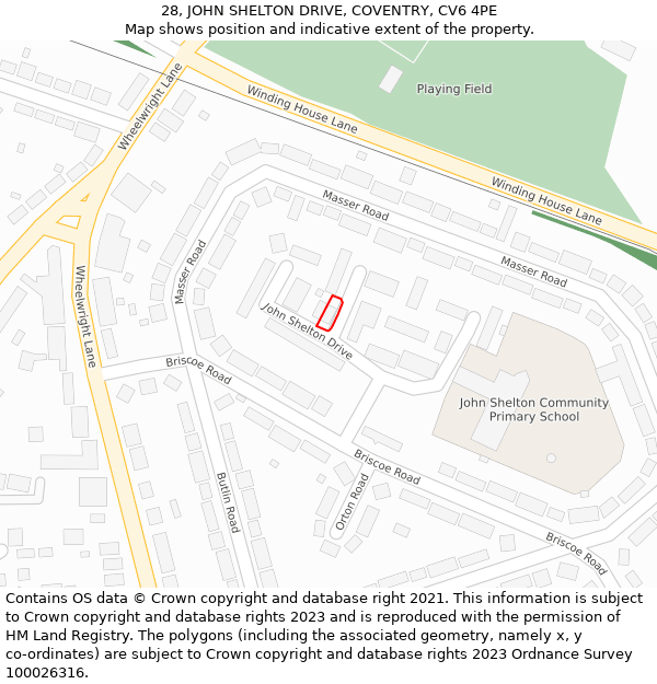 28, JOHN SHELTON DRIVE, COVENTRY, CV6 4PE: Location map and indicative extent of plot