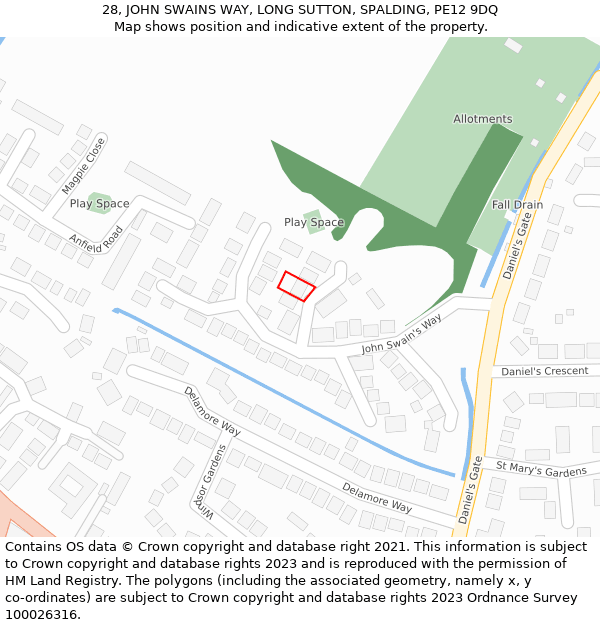 28, JOHN SWAINS WAY, LONG SUTTON, SPALDING, PE12 9DQ: Location map and indicative extent of plot