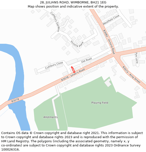 28, JULIANS ROAD, WIMBORNE, BH21 1EG: Location map and indicative extent of plot