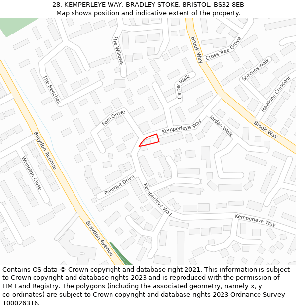 28, KEMPERLEYE WAY, BRADLEY STOKE, BRISTOL, BS32 8EB: Location map and indicative extent of plot