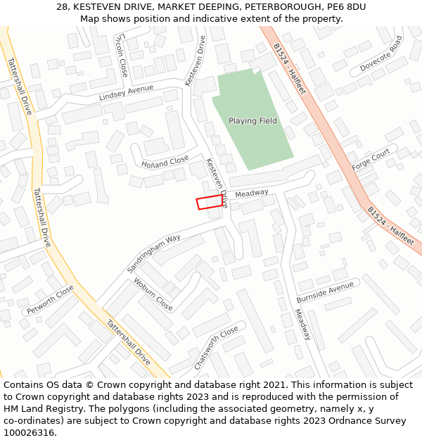 28, KESTEVEN DRIVE, MARKET DEEPING, PETERBOROUGH, PE6 8DU: Location map and indicative extent of plot