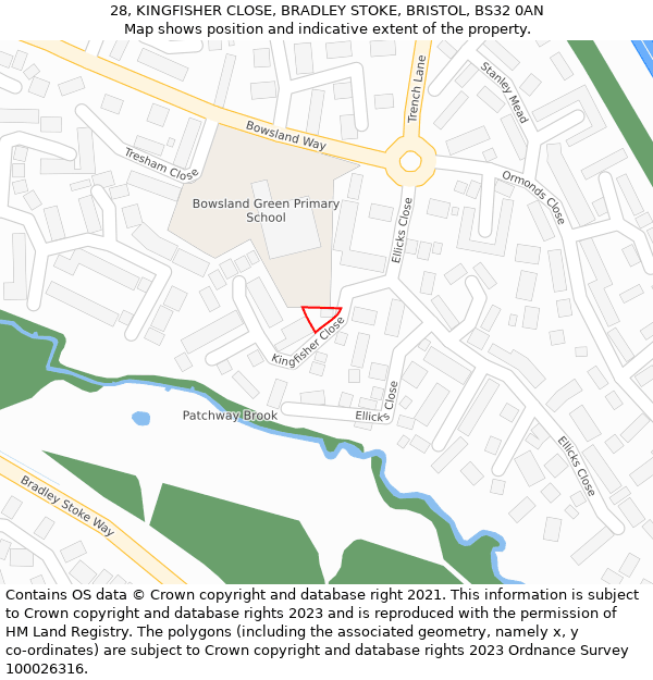 28, KINGFISHER CLOSE, BRADLEY STOKE, BRISTOL, BS32 0AN: Location map and indicative extent of plot