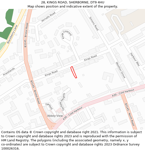 28, KINGS ROAD, SHERBORNE, DT9 4HU: Location map and indicative extent of plot