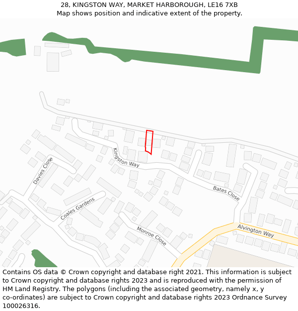 28, KINGSTON WAY, MARKET HARBOROUGH, LE16 7XB: Location map and indicative extent of plot