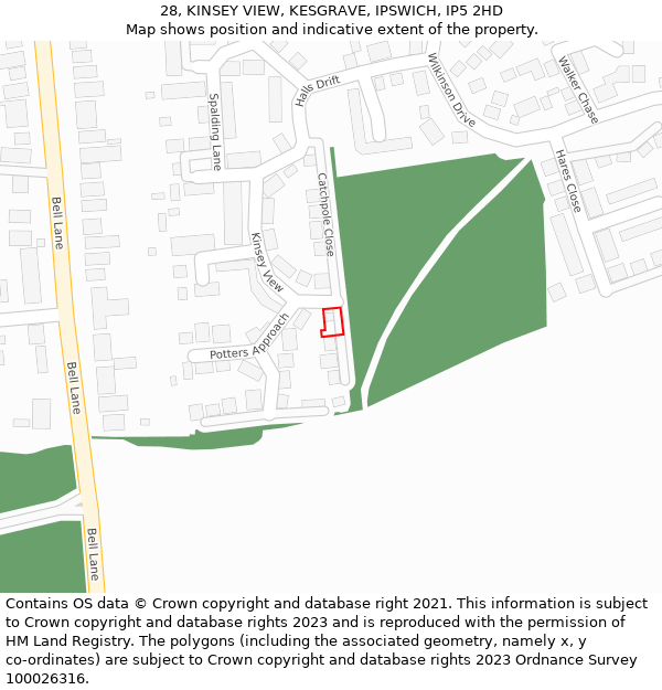 28, KINSEY VIEW, KESGRAVE, IPSWICH, IP5 2HD: Location map and indicative extent of plot