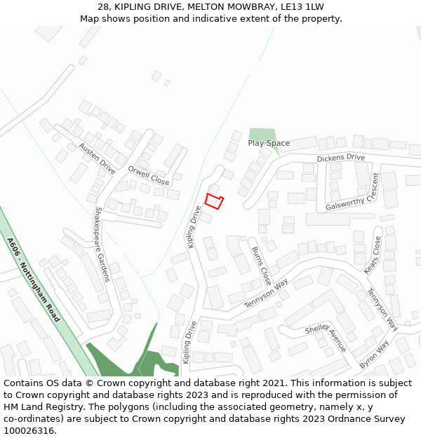 28, KIPLING DRIVE, MELTON MOWBRAY, LE13 1LW: Location map and indicative extent of plot