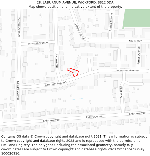 28, LABURNUM AVENUE, WICKFORD, SS12 0DA: Location map and indicative extent of plot