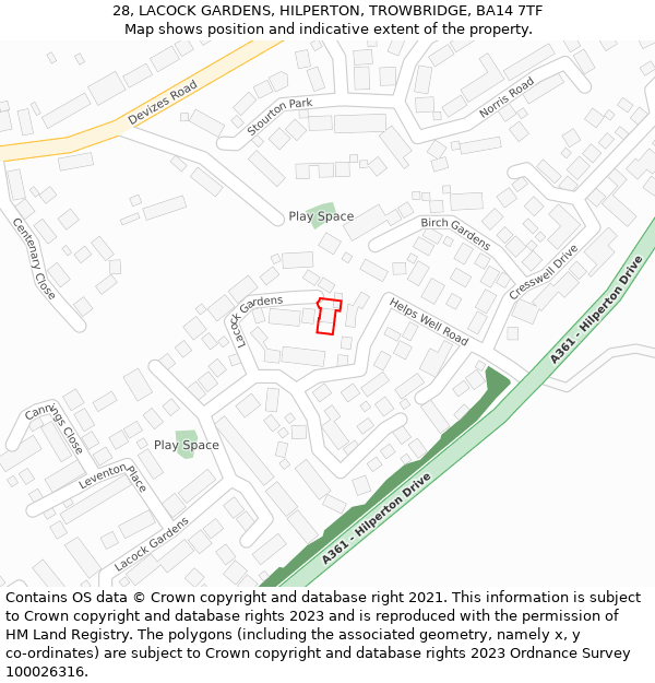 28, LACOCK GARDENS, HILPERTON, TROWBRIDGE, BA14 7TF: Location map and indicative extent of plot