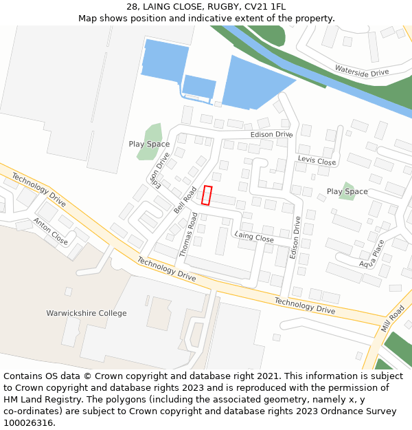 28, LAING CLOSE, RUGBY, CV21 1FL: Location map and indicative extent of plot