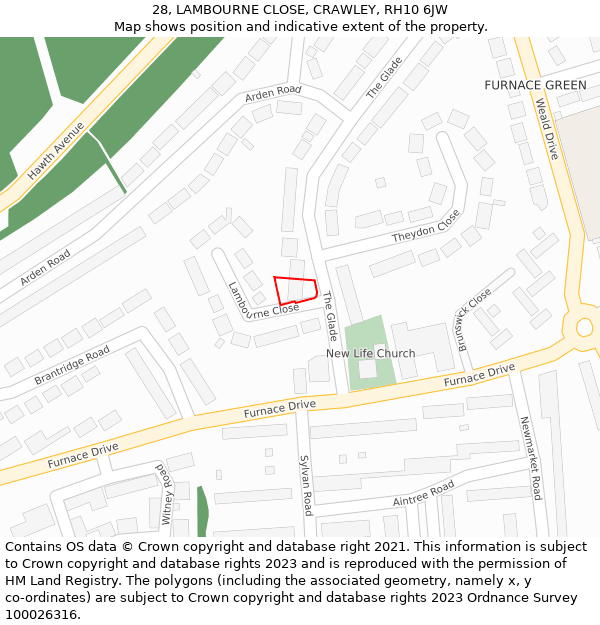 28, LAMBOURNE CLOSE, CRAWLEY, RH10 6JW: Location map and indicative extent of plot