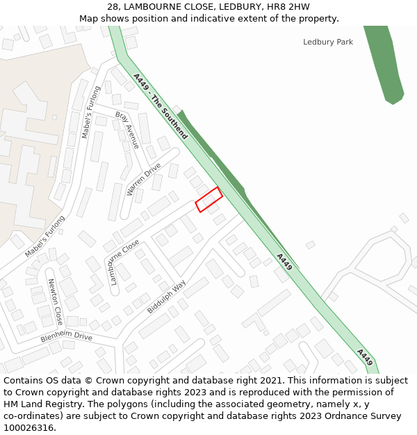 28, LAMBOURNE CLOSE, LEDBURY, HR8 2HW: Location map and indicative extent of plot