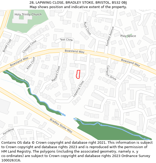 28, LAPWING CLOSE, BRADLEY STOKE, BRISTOL, BS32 0BJ: Location map and indicative extent of plot