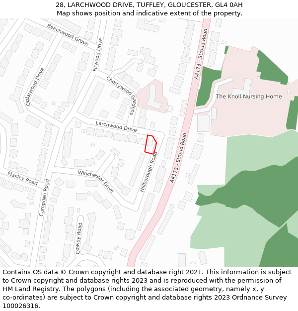 28, LARCHWOOD DRIVE, TUFFLEY, GLOUCESTER, GL4 0AH: Location map and indicative extent of plot