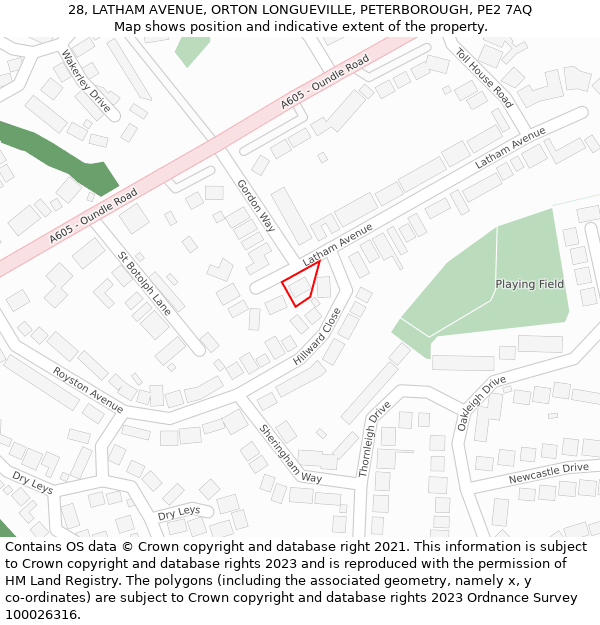 28, LATHAM AVENUE, ORTON LONGUEVILLE, PETERBOROUGH, PE2 7AQ: Location map and indicative extent of plot