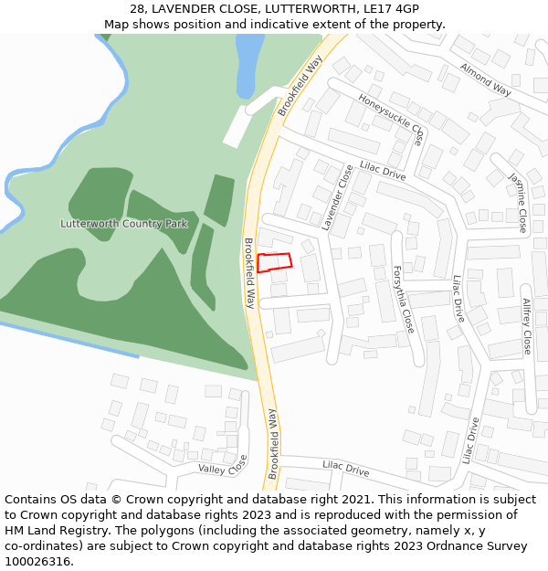 28, LAVENDER CLOSE, LUTTERWORTH, LE17 4GP: Location map and indicative extent of plot
