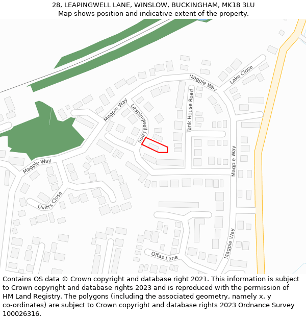 28, LEAPINGWELL LANE, WINSLOW, BUCKINGHAM, MK18 3LU: Location map and indicative extent of plot