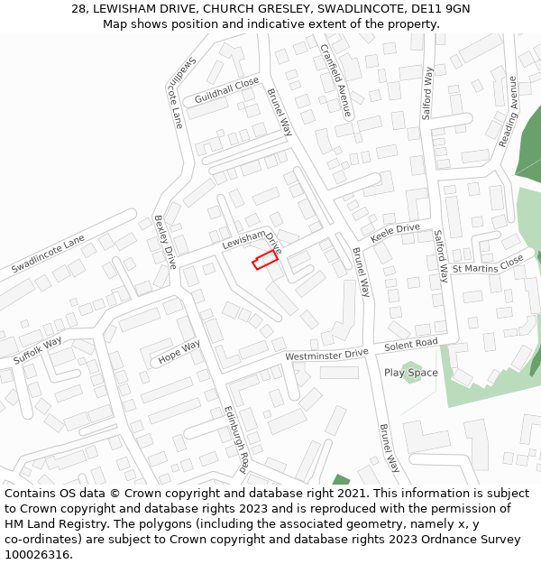 28, LEWISHAM DRIVE, CHURCH GRESLEY, SWADLINCOTE, DE11 9GN: Location map and indicative extent of plot