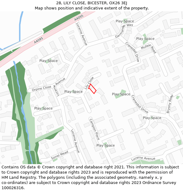 28, LILY CLOSE, BICESTER, OX26 3EJ: Location map and indicative extent of plot